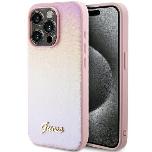 Guess GUHCP15LPSAIRSP Saffiano Iridescent Script Hardcase iPhone 15 Pro jaoks 6.1" / roosa