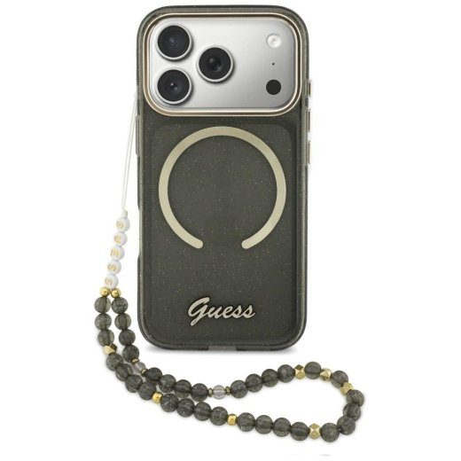 Guess IML Glitters Script Strap MagSafe ümbris iPhone 17 Pro jaoks / must