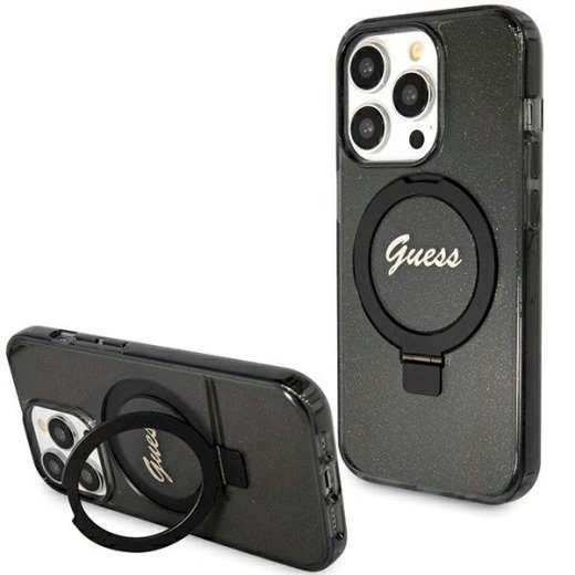 Guess GUHMP15LHRSGSK Hardcase Ring Stand Script Glitter MagSafe iPhone 15 Pro jaoks 6.1" / must