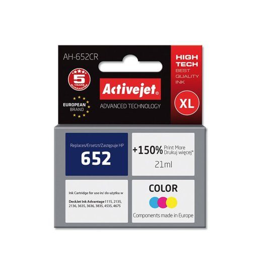 Activejet AH-652CR tint (asendub HP 652 F6V24AE-ga; Premium; 21 ml; värviline)
