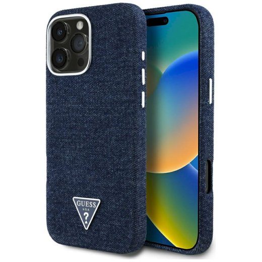 Ümbris Guess Denim Kolmnurkne logo MagSafe iPhone 16 Pro jaoks / sinine