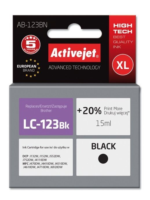 Activejet AB-123BN tint (asendus Brother LC123Bk/LC121Bk jaoks; Supreme; 15 ml; must)
