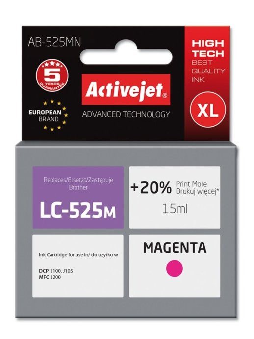 Activejet AB-525MN tint (asendus Brother LC525M jaoks; Supreme; 15 ml; magenta). Prindib 20% rohkem kui OEM.