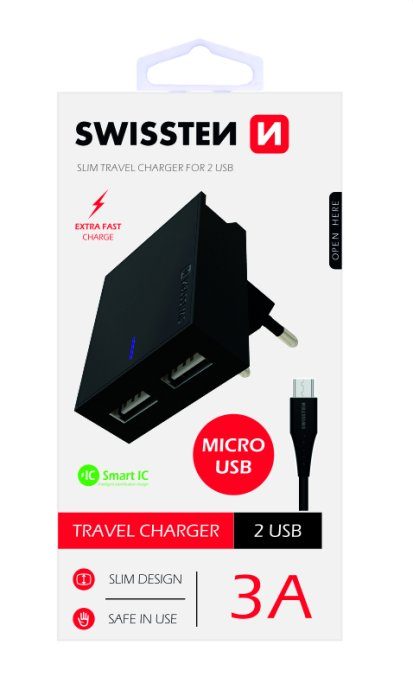 Swissten Premium Reisilaadija USB 3A / 15W koos Micro USB Kaabliga 1.2m