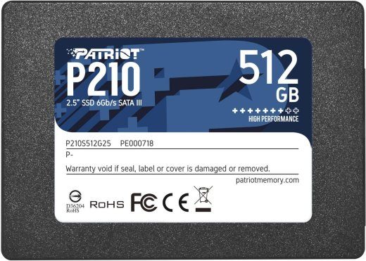 SSD PATRIOT P210 512GB SATA 3.0 Rašymo greitis 430 MBytes/sec Skaitymo greitis 520 MBytes/sec 2,5" TBW 240 TB