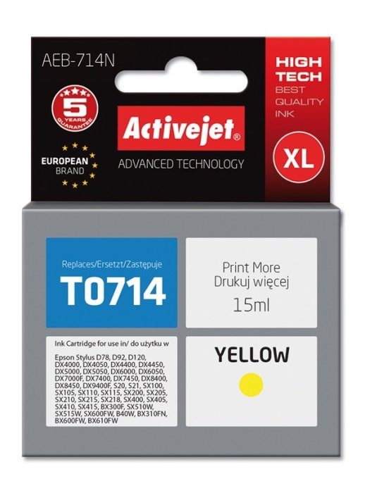 Activejet AEB-714N Tint (asendus Epson T0714, T0894, T1004; Supreme; 15 ml; kollane)