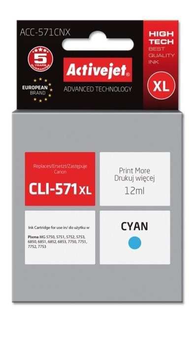Activejet ACC-571CNX tindid (asendus Canon CLI-571XLC jaoks; Supreme; 12 ml; tsüaan)
