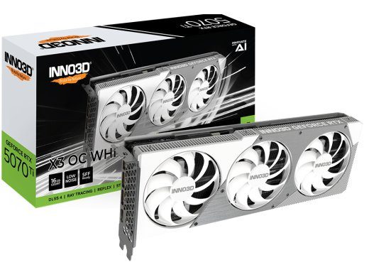 Inno3D GeForce RTX 5070 Ti X3 OC valge videokaart koos 16GB GDDR7-ga