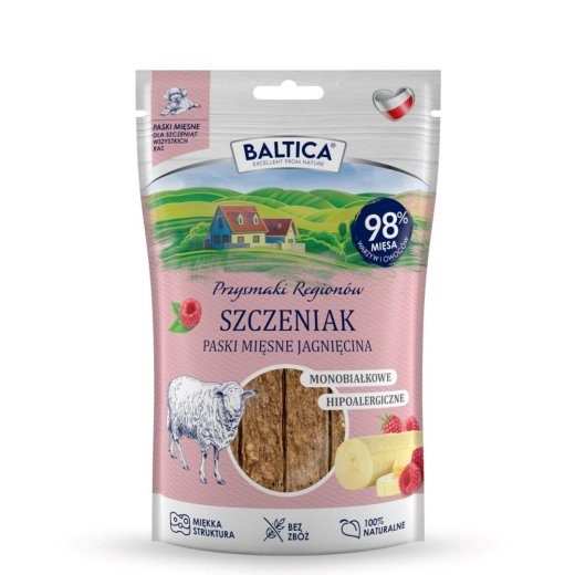 BALTICA Przysmaki Regionów Puppy Mono Meat Strips Lamb – koera närimisvahend – 90 g