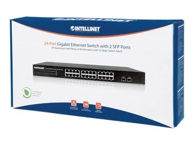INTELLINET 561044 Gigabit Ethernet Lüliti 2 SFP Pordiga 24 x 10/100/1000 Mbps RJ45 Pordid + 2 x SFP IEEE 802.3az 19tolli Rackmount