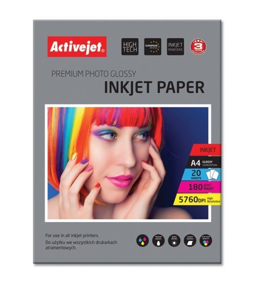 Activejet AP4-180G20 läikiv fotopaber; tintprinteritele; A4; 20 tk