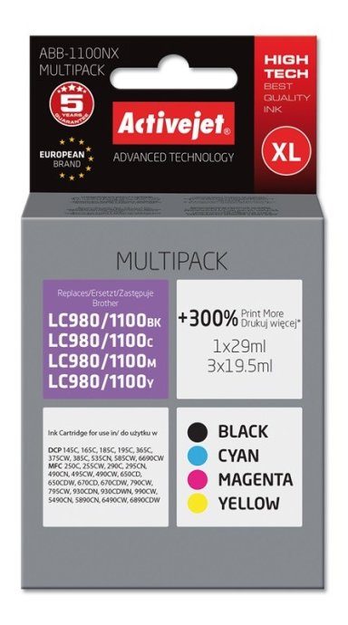 Activejet ABB-1100NX tindid (asendus Brother LC1100/980 jaoks; Supreme; 1 x 29 ml, 3 x 19.5 ml; must, magenta, tsüaan, kollane)