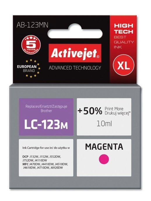 Activejet AB-123MN Tint (asendus Brother LC123M/121M jaoks; Supreme; 10 ml; magenta)