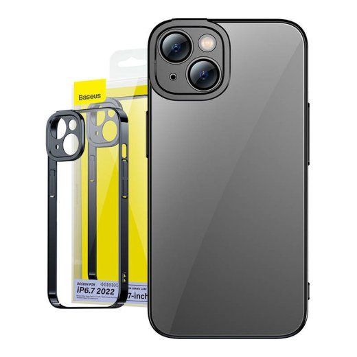 Baseus Glitter läbipaistev kaas ja temperatuurikaitseklaas komplekt iPhone 14 Plus jaoks (must)