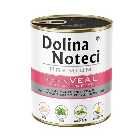 DOLINA NOTECI Premium rikas vasikal ja roheliste hernestega – märg koerasööt – 800g