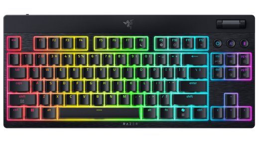 Razer BlackWidow V4 Low-Profile Tenkeyless HyperSpeed klaviatūra belaidė US Bluetooth geltoni jungikliai juoda