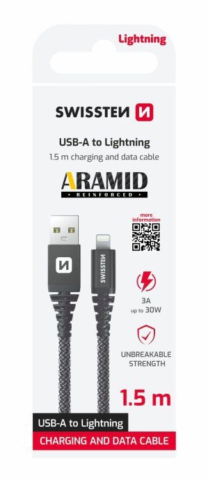 Swissten ARAMID TUGEVATUD Andmekabel USB / Lightning 1.5m / 60w