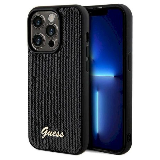 Guess GUHCP14LPSFDGSK Kõvaümbris Pailletse kalligraafiline metall iPhone 14 Pro 6.1" jaoks / must