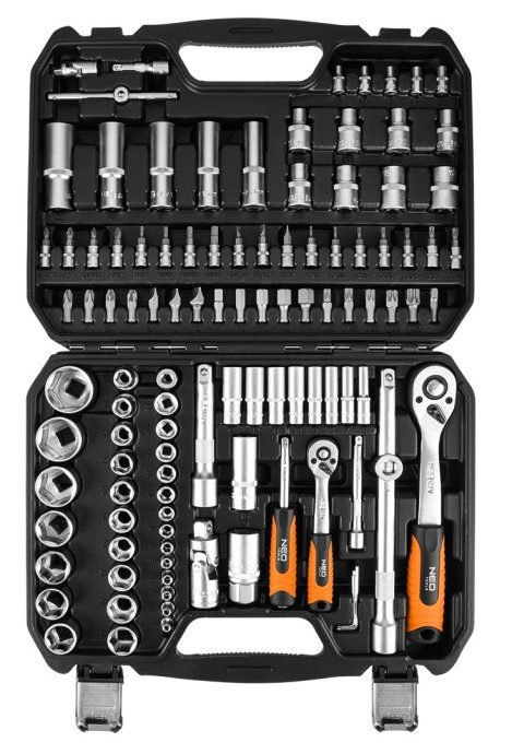 NEO TOOLS Socket Set 1/2", 1/4", 110 pcs, Satin Finish 10-211