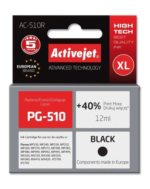 Activejet AC-510R Tindikassett (asendus Canon PG-510; Premium; 12 ml; must)