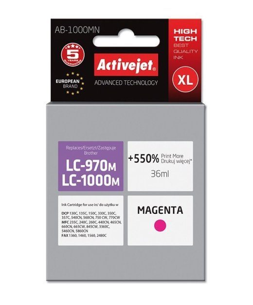 Activejet AB-1000MN tindid (asendus Brother LC1000M/970M jaoks; Supreme; 35 ml; magenta). Trükib 550% rohkem.