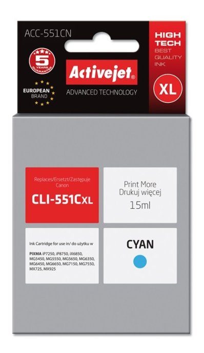 Activejet ACC-551CN tindikassett (asendus Canon CLI-551C-le; Supreme; 15 ml; tsüaan)