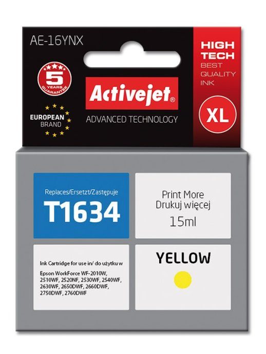 Activejet AE-16YNX tindikassett (asendus Epson 16XL T1634 jaoks; Supreme; 15 ml; kollane)
