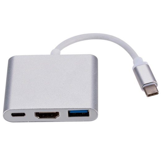 RoGer multimedijos adapteris Type-C į HDMI (4K @ 30Hz, 1080P @ 60Hz) + USB 3.0 sidabrinis