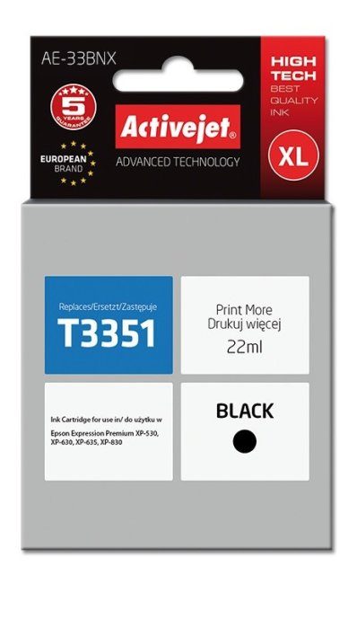 Activejet AE-33BNX tindikassett (asendus Epson 33XL T3351 jaoks; Supreme; 22 ml; must)