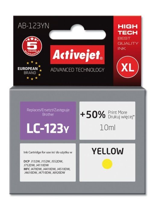 Activejet AB-123YN Tint (asendus Brother LC123Y/121Y jaoks; Supreme; 10 ml; kollane)