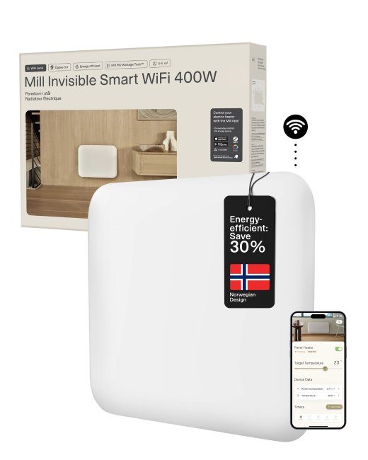 Mill Nähtamatu Nutikas WiFi Küttekeha PA400WIFI4 Paneelküttekeha 400 W Sobib tubadele kuni 4-6 m² Valge IPX4