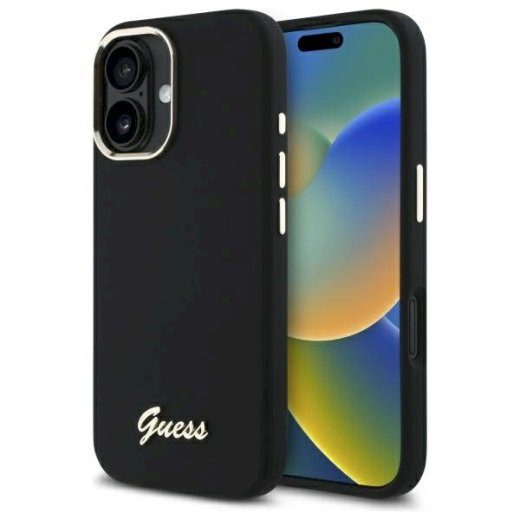 Guess GUHCP16MSMBSLK Silikoon Script Metal Logo & Frame Kõvaümbris iPhone 16 Plus 6.7" jaoks / must