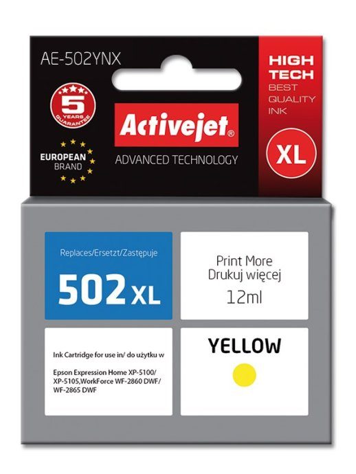 Activejet AE-502YNX tint (asendus Epson 502XL W44010 jaoks; Supreme; 12 ml; kollane)