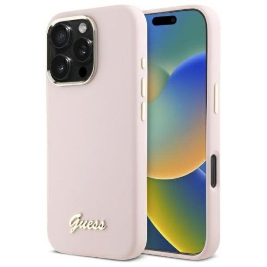 Guess GUHCP16XSMBSLP Kõvaümbris Silikoon Script Metal Logo & Frame iPhone 16 Pro Max 6.9" jaoks / roosa