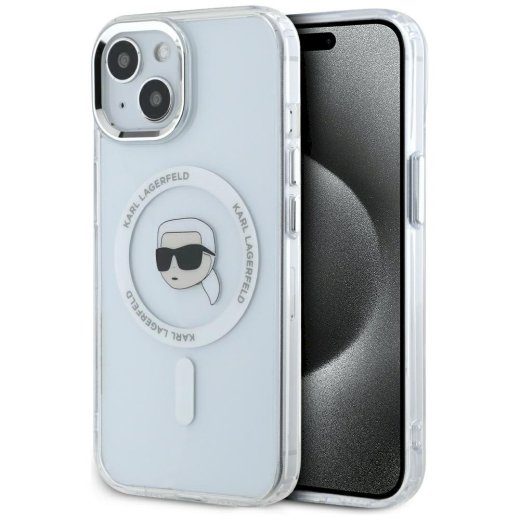 Karl Lagerfeld IML Metall Karl pea MagSafe ümbris iPhone 15 jaoks / valge