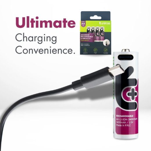 Uniross USB-C AA Laetav patareipakk koos 4 AA-ga
