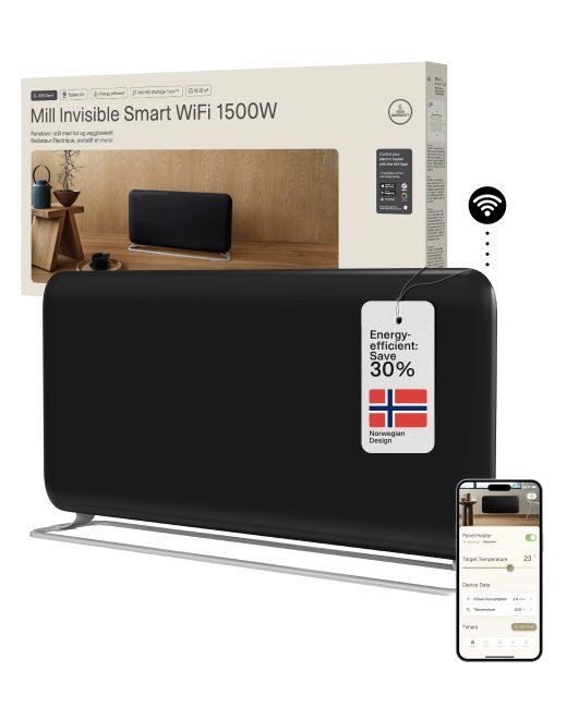 Mill Invisible Smart WiFi paneelkütteseadme G4 PA1500WIFI4A Paneelkütteseadis 1500 W Sobib tubadele kuni 18-22 m² must IPX4