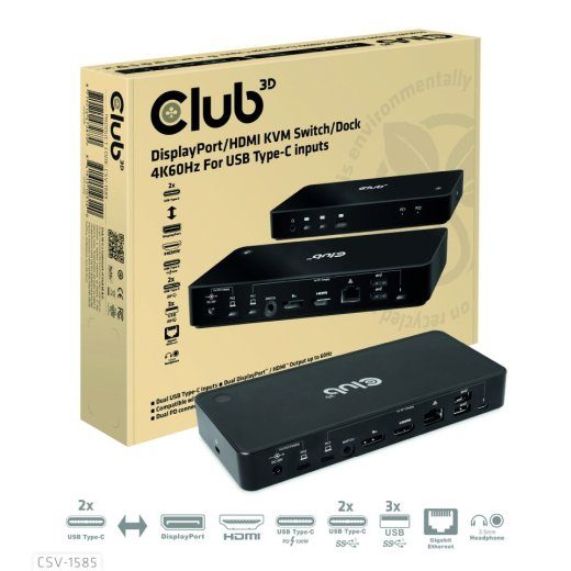 Club 3D CSV-1585 DisplayPort+HDMI KVM Switch with USB-C Dock