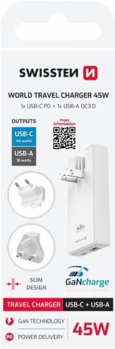 Swissten reisilaadija GaN USB-C / USB 45W (US/EU/UK)