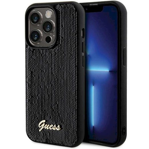 Guess GUHCP13XPSFDGSK Pailletse kalligraafiline metallist kõvaümbris iPhone 13 Pro Max 6.7" jaoks / must