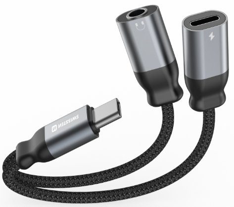 Swissten tekstiiliga USB-C / USB-C / Aux 3.5mm laadimis- ja audioadapter 0.12m