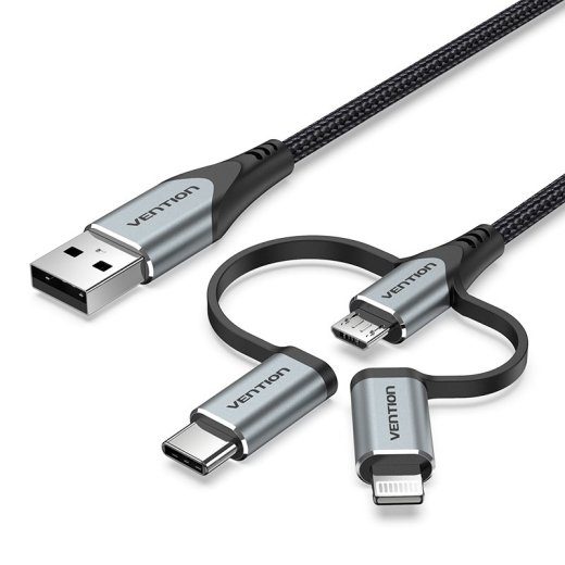 Vention USB 2.0 A mees-3-in-1 Micro-B & USB-C & Lightning mees kaabel 1M hall alumiiniumliitmi kuju