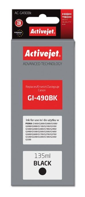 Activejet AC-G490Bk tindid (asendus Canon GI-490BK jaoks; Supreme; 135 ml; 6000 lehte, must)