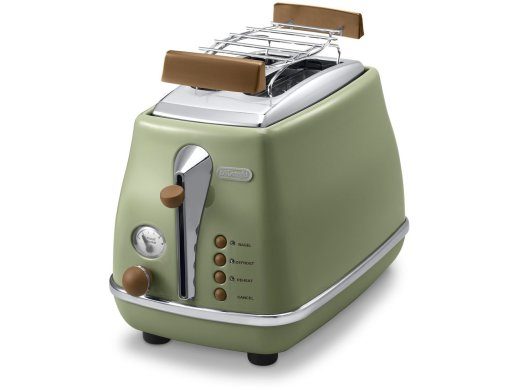 DELONGHI Icona Vintage Toster CTOV 2103.GR 900W, Roostevaba teras, Pruunikauss, Eemaldumine, Roheline