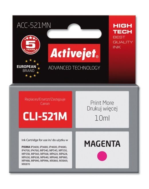 Activejet ACC-521MN tint (asendus Canon CLI-521M-le; Supreme; 10 ml; magenta)