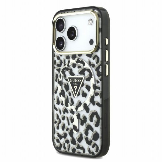 Guess IML Glitter Leopard Triangle logo MagSafe ümbris iPhone 18 Pro Max jaoks / must