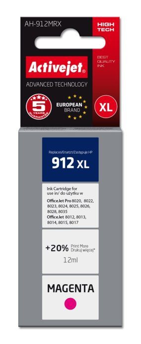 Activejet AH-912MRX Tint (asendus HP 912XL 3YL82AE; Premium; 990 lehekülge; 12 ml, magenta)