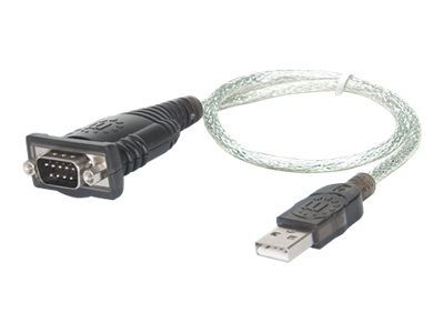 Manhattan USB-A seeriaadapteri kaabel, 45cm, isane-isane, seeria/RS232/COM/DB9, Prolific PL-2303RA kiip, must/hõbedane kaabel, kolmeaastane garanti