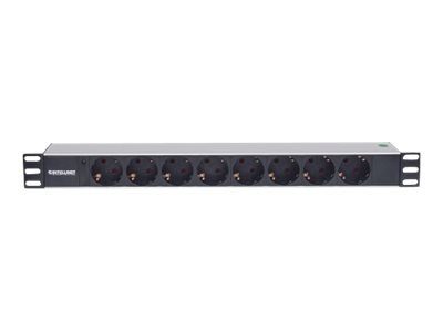 Intellinet 19 1.5U raimontaaž 8-tee vooluadapter - Saksamaa tüüp, ainult LED-indikaator, ilma ülespinge kaitseta, 1,6m toitekaabel, 8-pin, 15A must