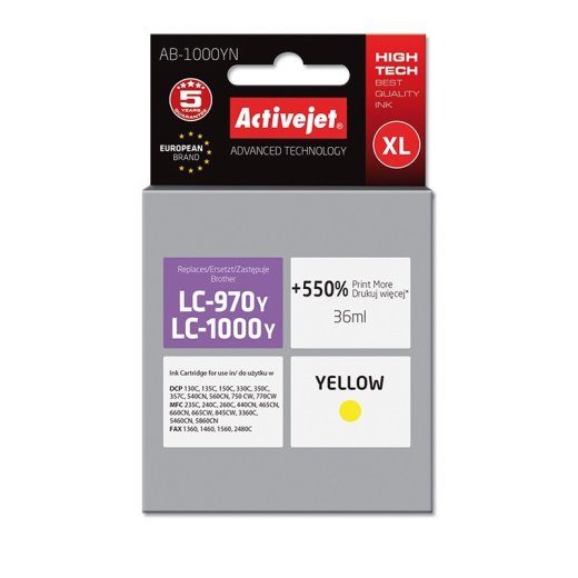 Activejet AB-1000YN kollane tint (ühildub Brother LC1000/LC970Y-ga; 36 ml)